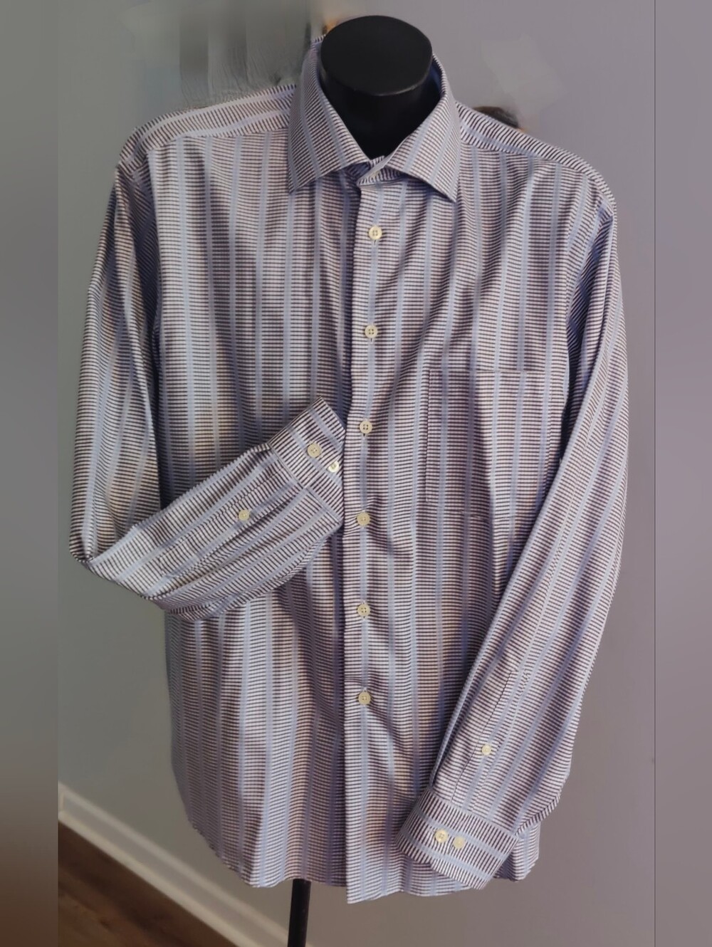 Egara Men's Blue Gray Patterned Dress Shirt 17-17.5 Size XL Excellent Condition